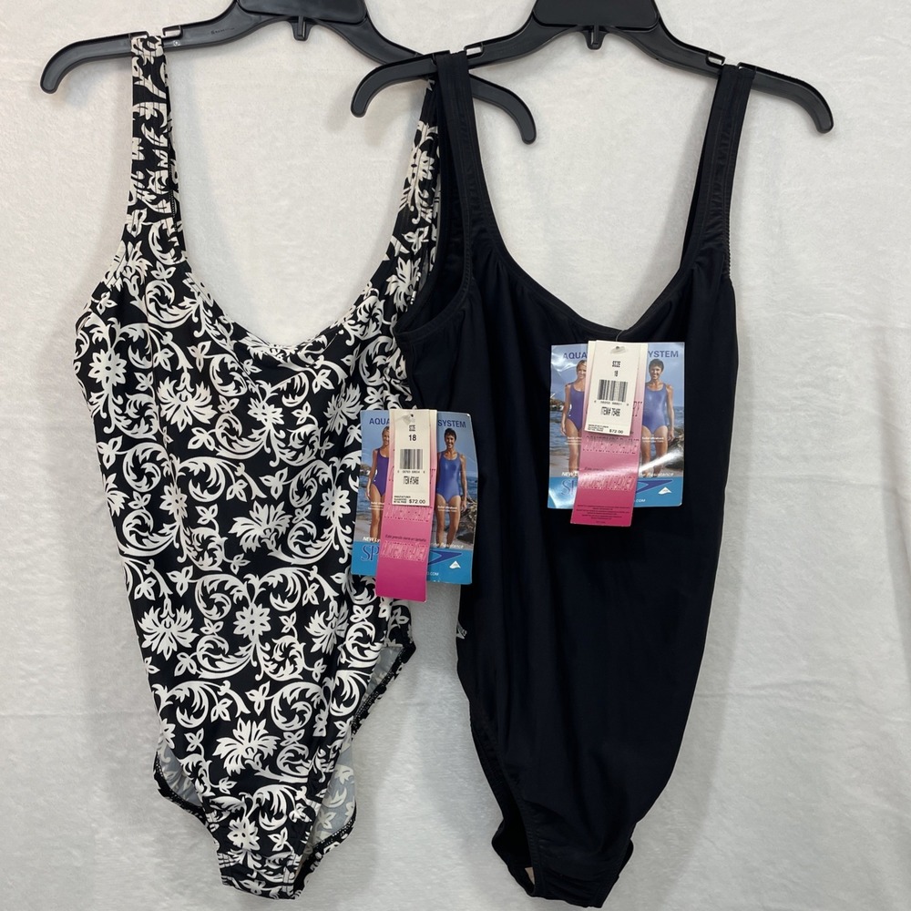 Speedo 1 Piece Swimsuits Womens Size 18 Black White LOT OF 2 MSRP $72 EACH NEWWT
